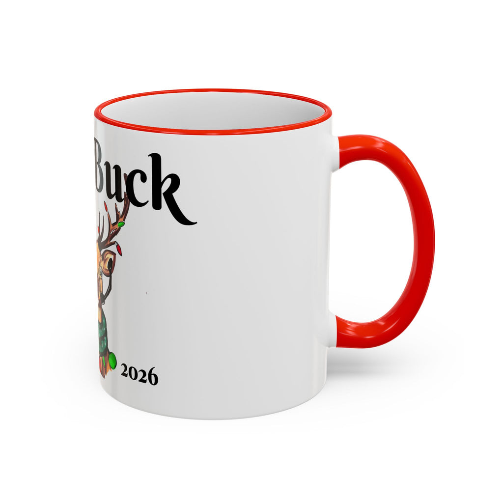 "Joe" Buck Reindeer Christmas Mug, designed by GIGI — Accent Rim & Handle Holiday Coffee Cup (11oz, 15oz),