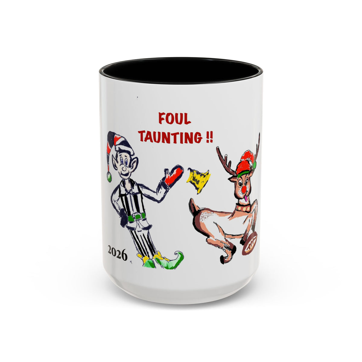 Foul Taunting!! Christmas Elf vs Reindeer Coffee Mug, designed by GIGI, (11/15 oz)