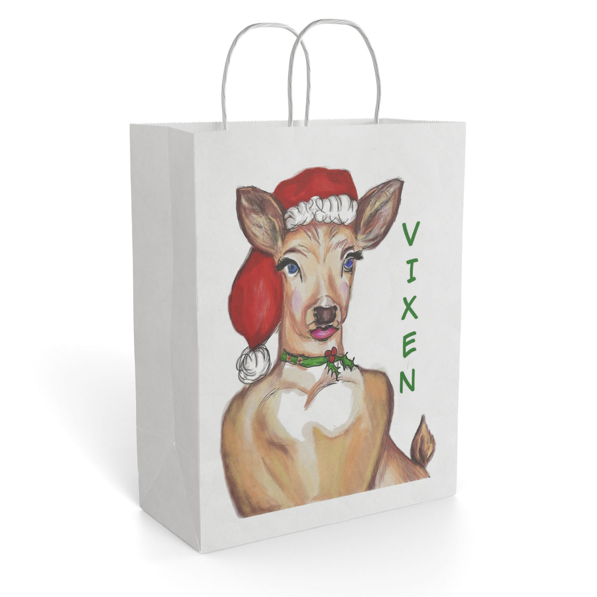 "Vixen" Reindeer Santa Hat Paper Gift Bag Designed by GIGI — Festive Holiday Gift Sack