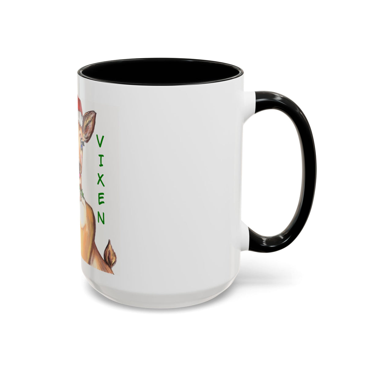 "Vixen" Reindeer Christmas Coffee Mug Designed by GIGI— Festive Santa Hat Accent Mug (11/15oz)