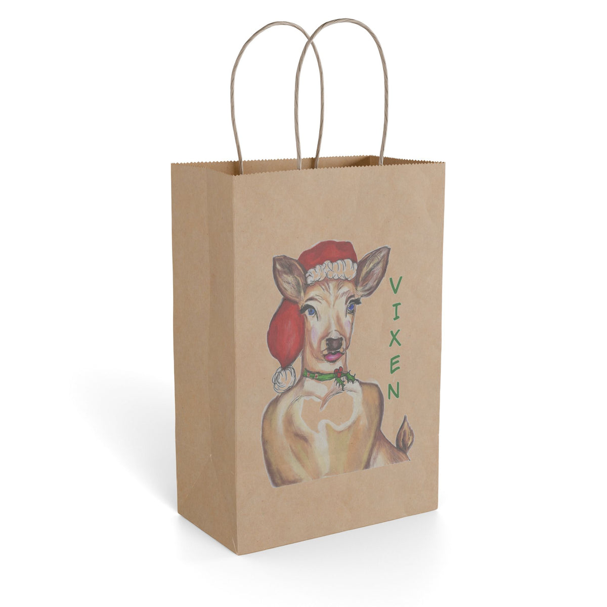 "Vixen" Reindeer Santa Hat Paper Gift Bag Designed by GIGI — Festive Holiday Gift Sack