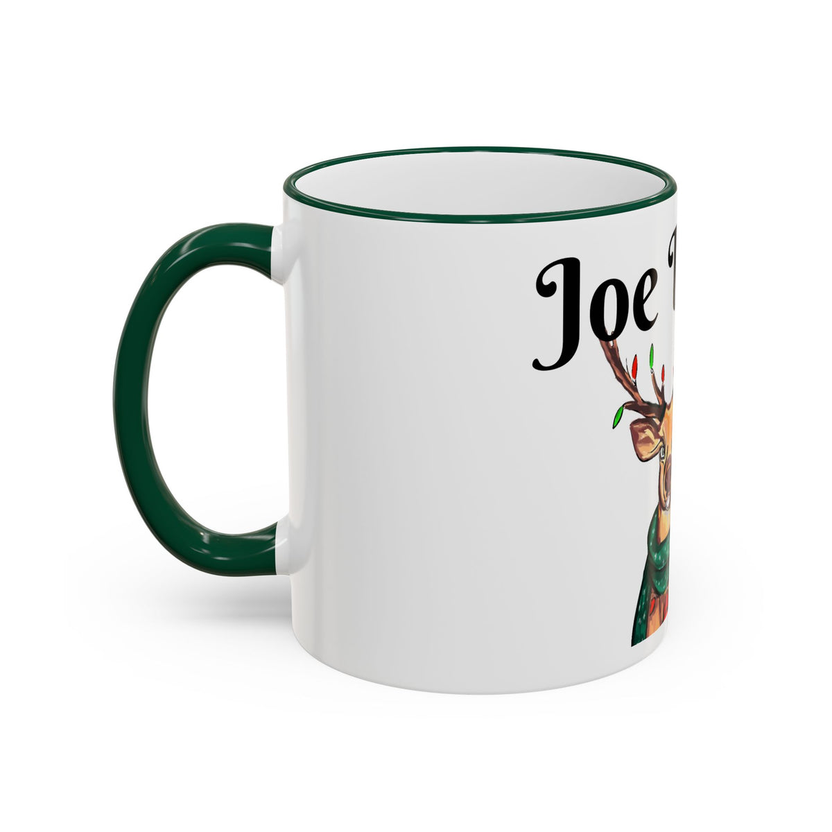 "Joe" Buck Reindeer Christmas Mug, designed by GIGI — Accent Rim & Handle Holiday Coffee Cup (11oz, 15oz),