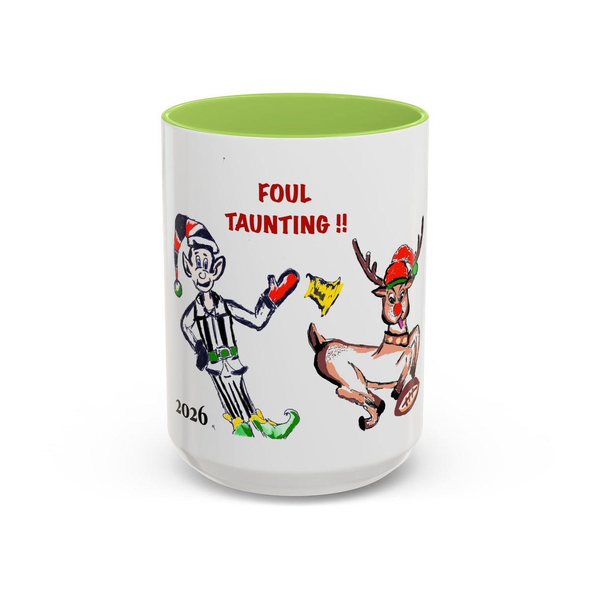 Foul Taunting!! Christmas Elf vs Reindeer Coffee Mug, designed by GIGI, (11/15 oz)