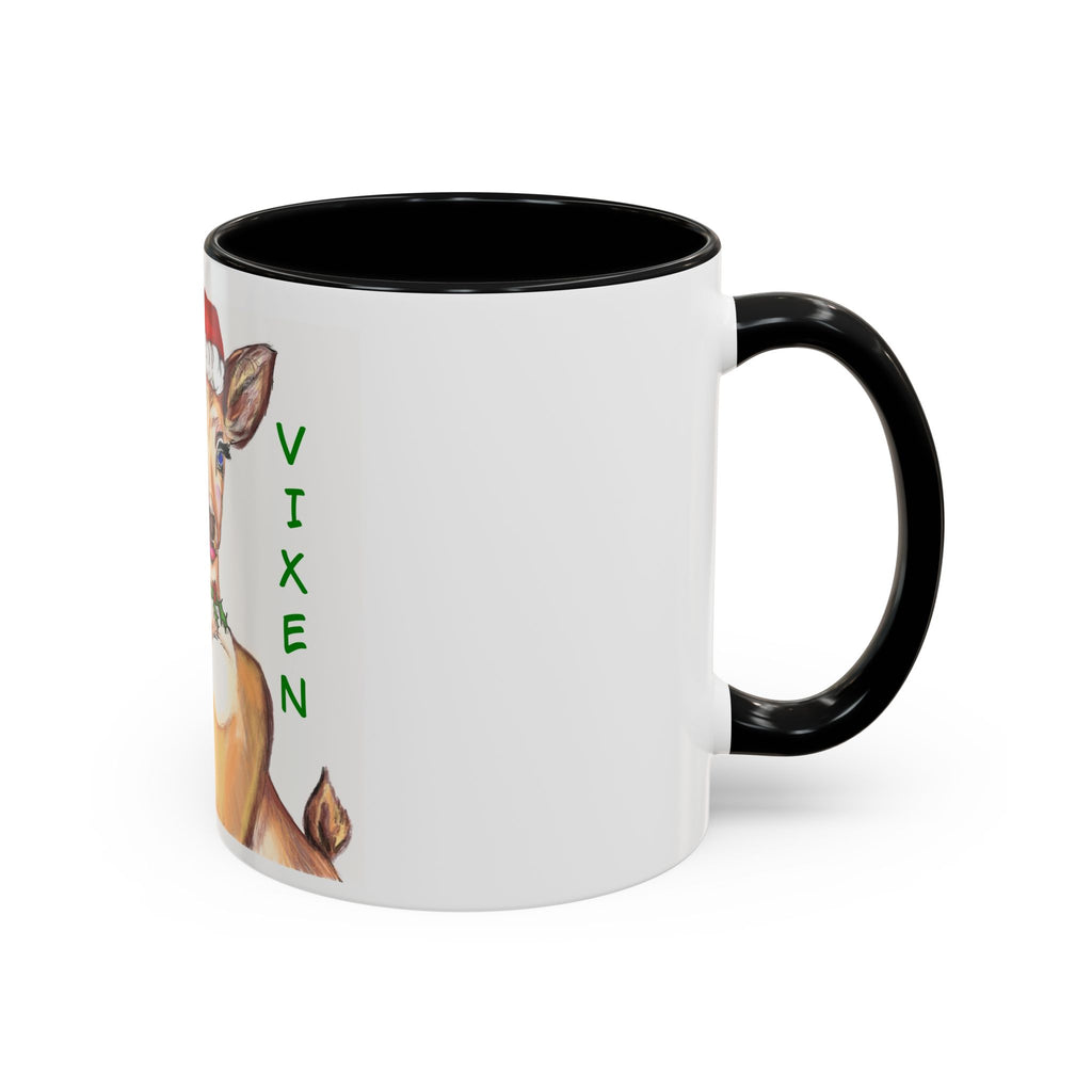 "Vixen" Reindeer Christmas Coffee Mug Designed by GIGI— Festive Santa Hat Accent Mug (11/15oz)