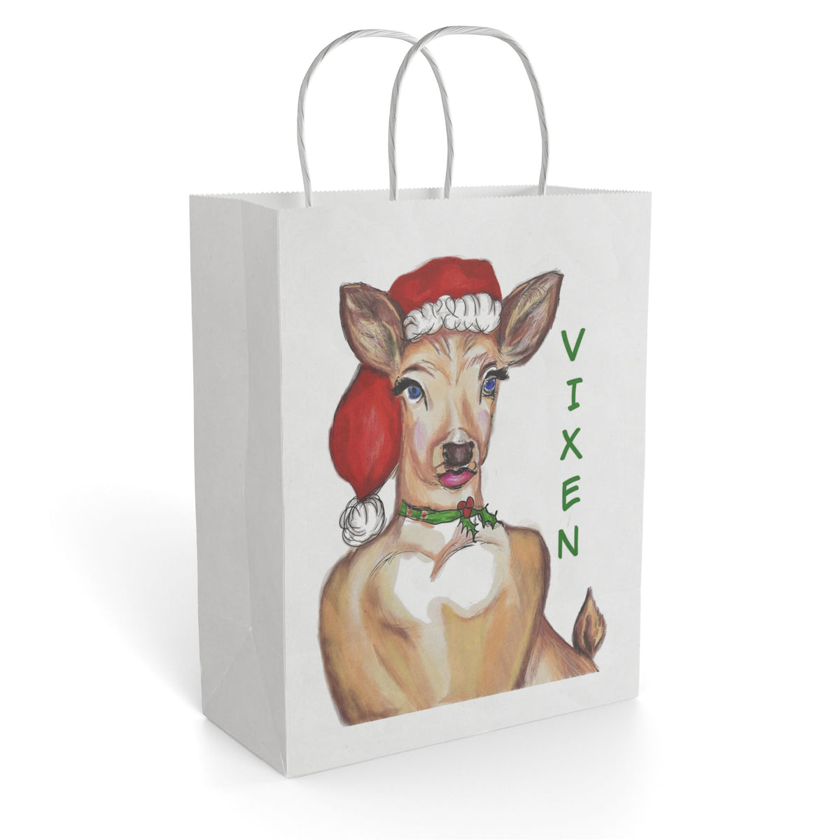 "Vixen" Reindeer Santa Hat Paper Gift Bag Designed by GIGI — Festive Holiday Gift Sack