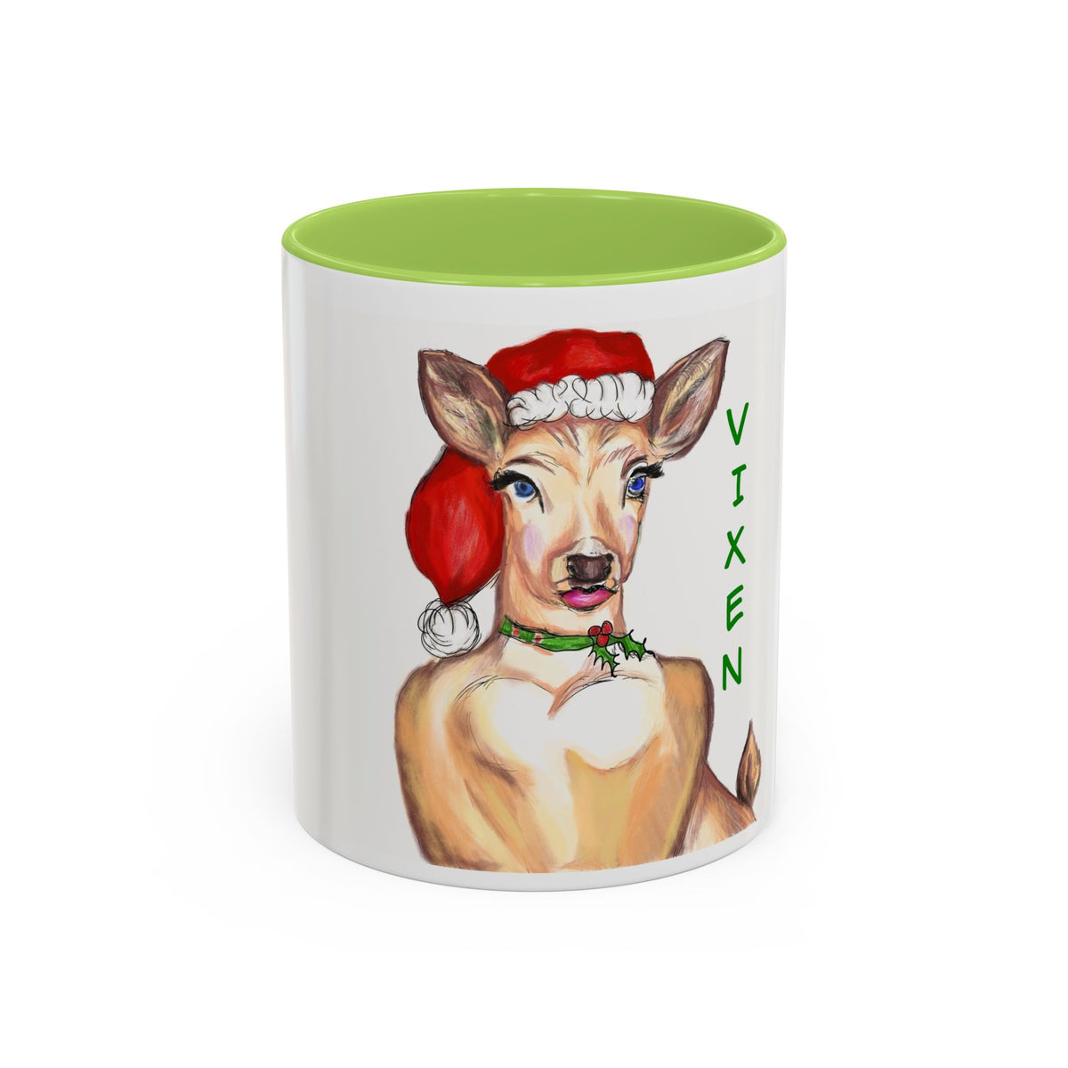 "Vixen" Reindeer Christmas Coffee Mug Designed by GIGI— Festive Santa Hat Accent Mug (11/15oz)