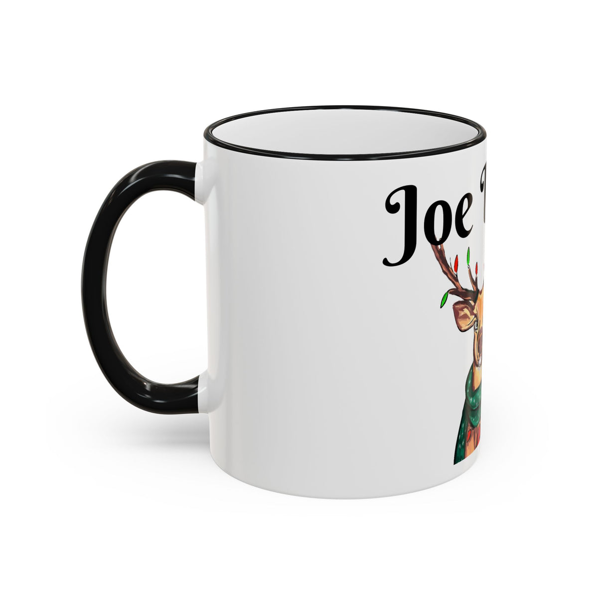 "Joe" Buck Reindeer Christmas Mug, designed by GIGI — Accent Rim & Handle Holiday Coffee Cup (11oz, 15oz),