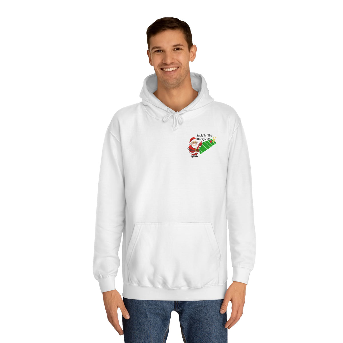 Christmas Football Hoodie — “Sack in the Backfield” Santa Holiday Pullover, designed by GIGI