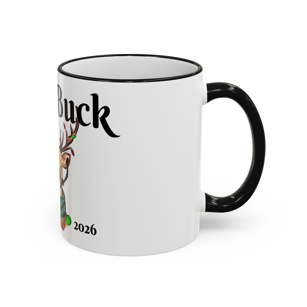 "Joe" Buck Reindeer Christmas Mug, designed by GIGI — Accent Rim & Handle Holiday Coffee Cup (11oz, 15oz),