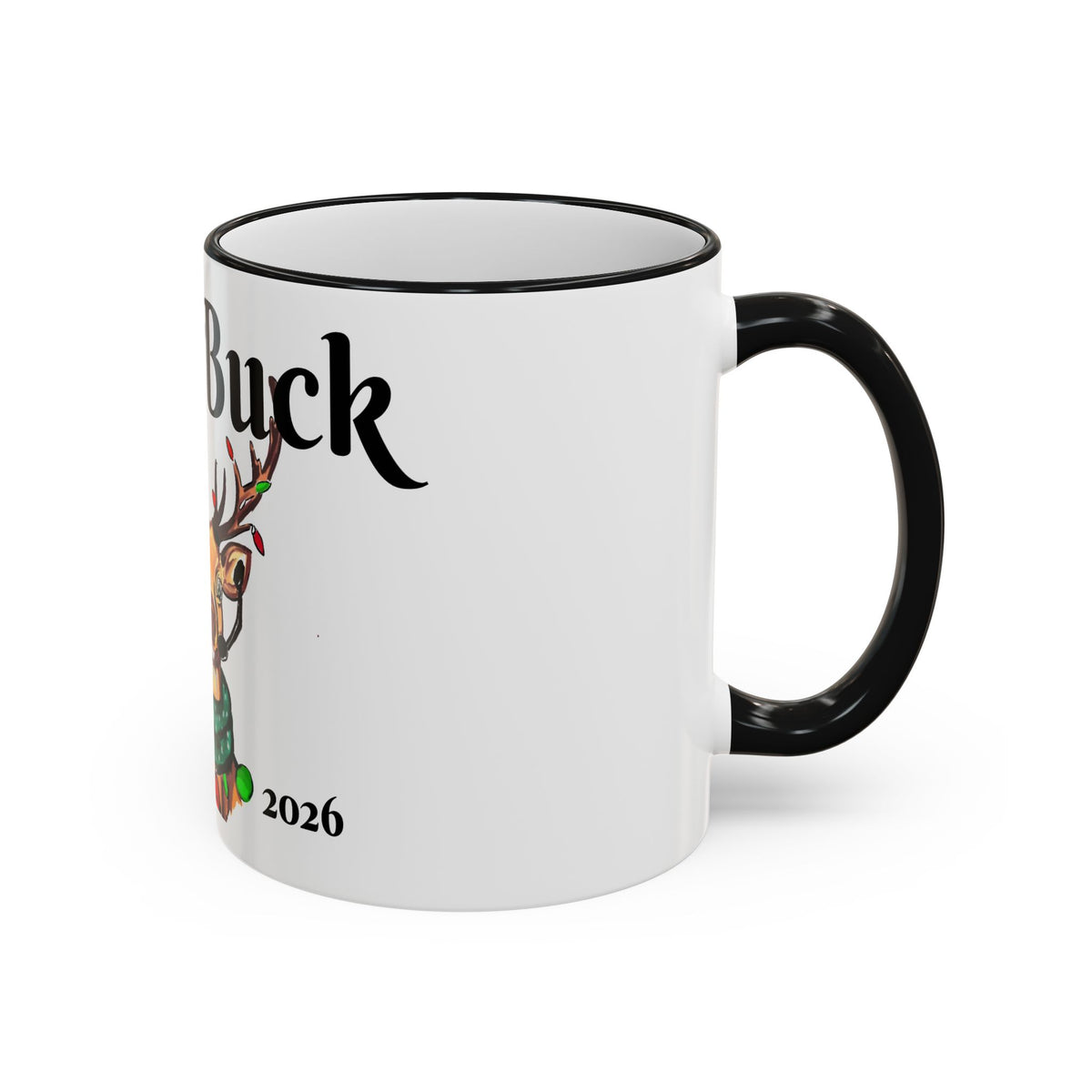 "Joe" Buck Reindeer Christmas Mug, designed by GIGI — Accent Rim & Handle Holiday Coffee Cup (11oz, 15oz),