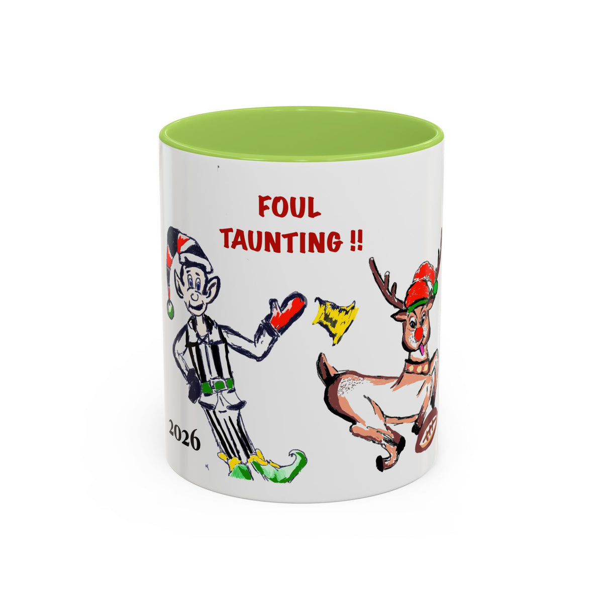 Foul Taunting!! Christmas Elf vs Reindeer Coffee Mug, designed by GIGI, (11/15 oz)