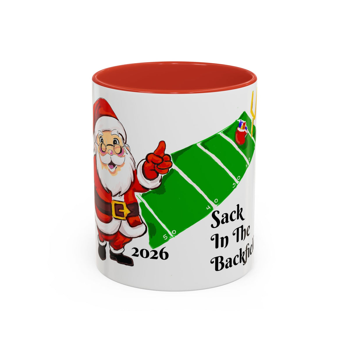 Christmas Football Coffee Mug — “Sack In The Backfield” Santa Accent Mug, designed by GIGI
