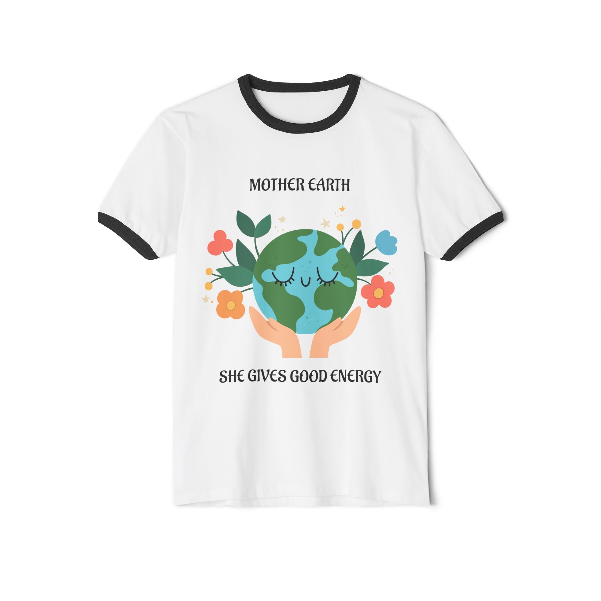 Mother Earth Graphic Ringer Tee — "She Gives Good Energy" Eco Love T‑Shirt