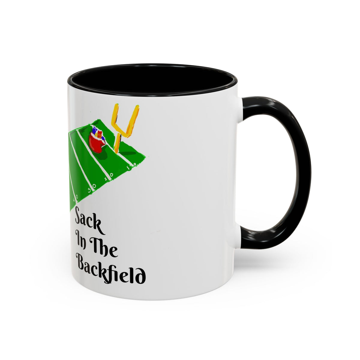 Christmas Football Coffee Mug — “Sack In The Backfield” Santa Accent Mug, designed by GIGI