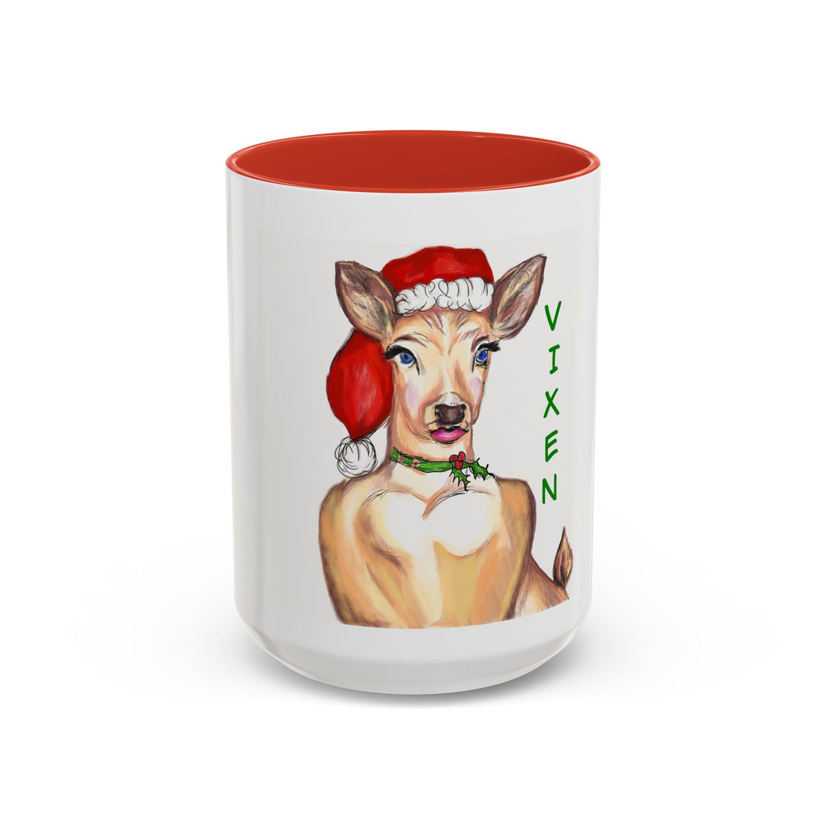"Vixen" Reindeer Christmas Coffee Mug Designed by GIGI— Festive Santa Hat Accent Mug (11/15oz)