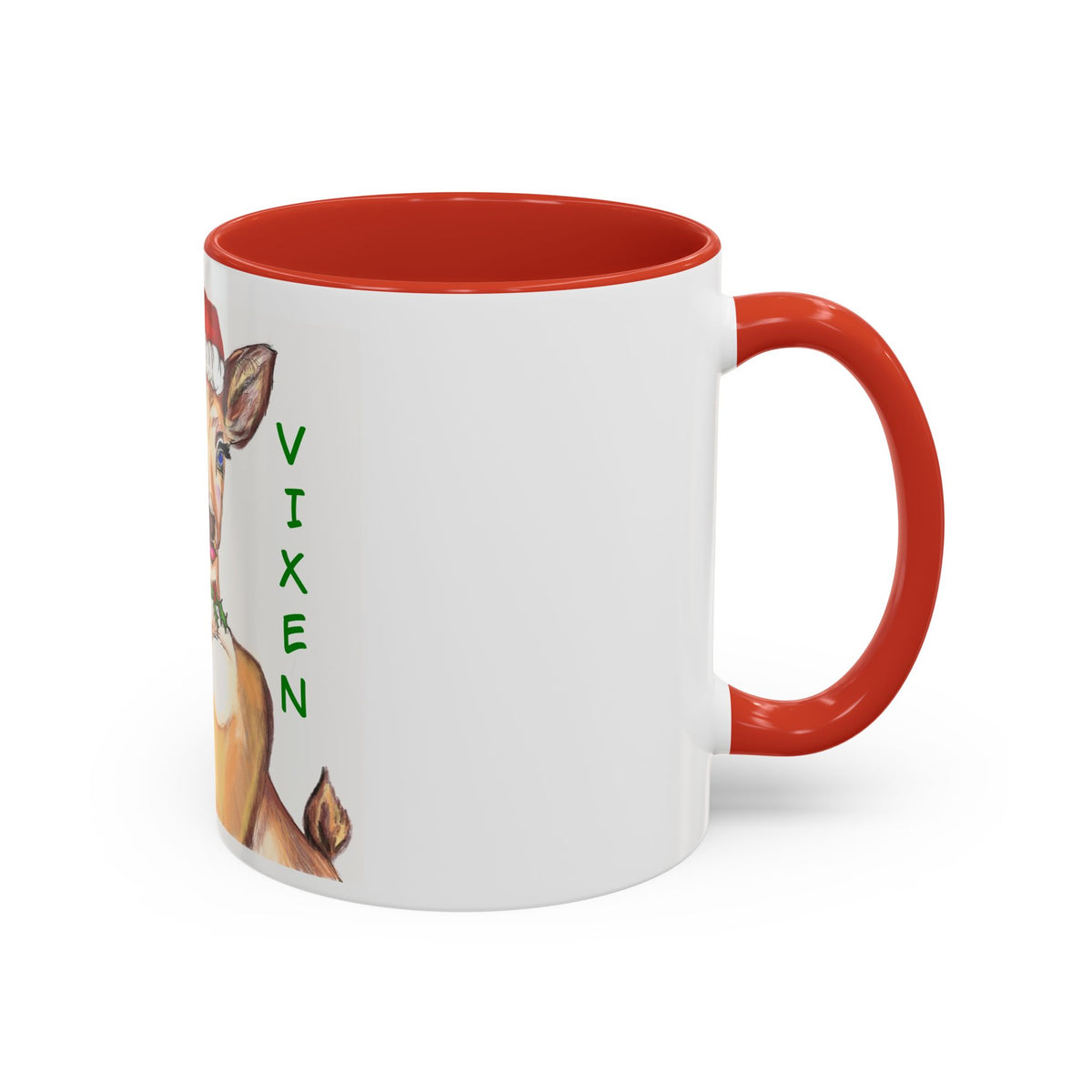 "Vixen" Reindeer Christmas Coffee Mug Designed by GIGI— Festive Santa Hat Accent Mug (11/15oz)