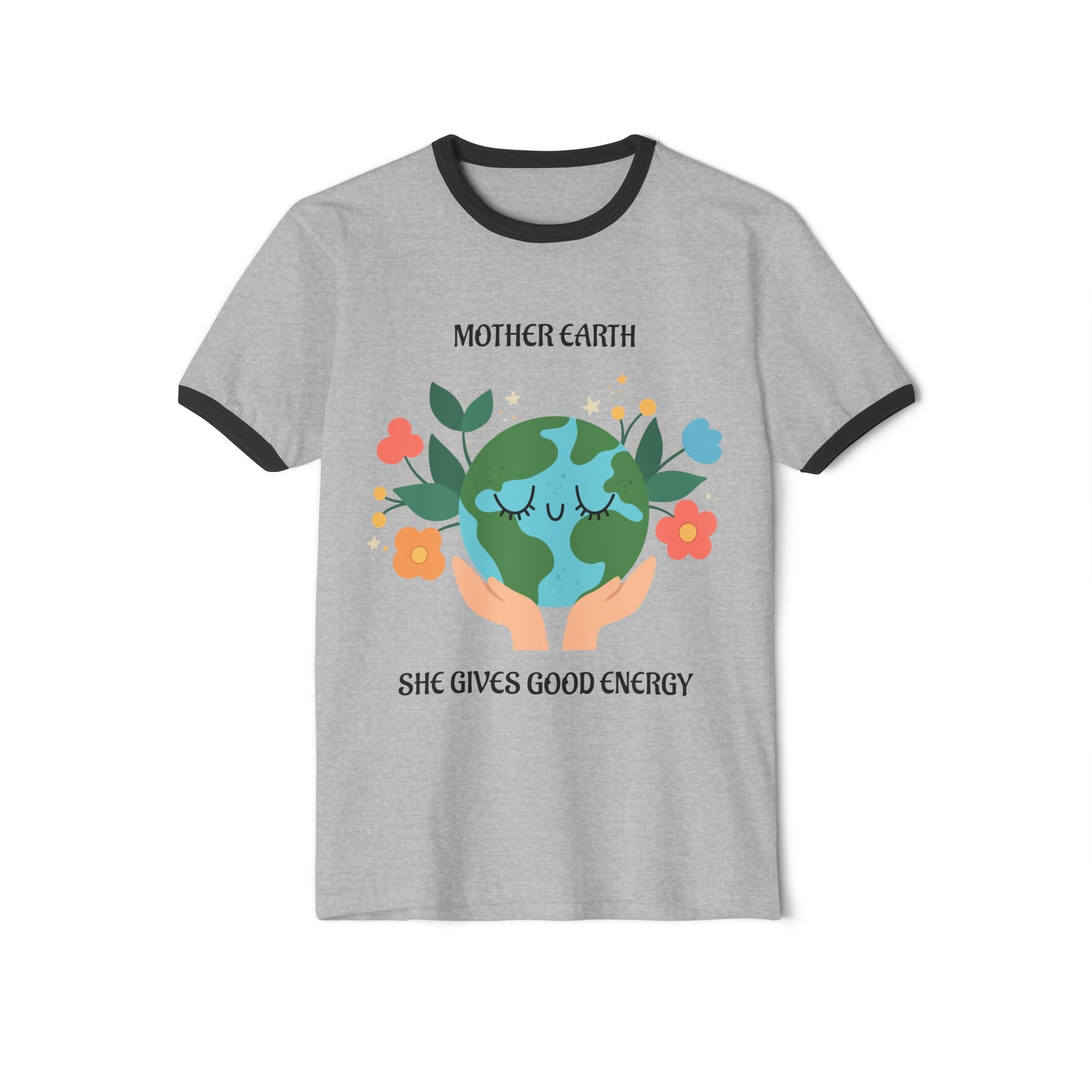 Mother Earth Graphic Ringer Tee — "She Gives Good Energy" Eco Love T‑Shirt