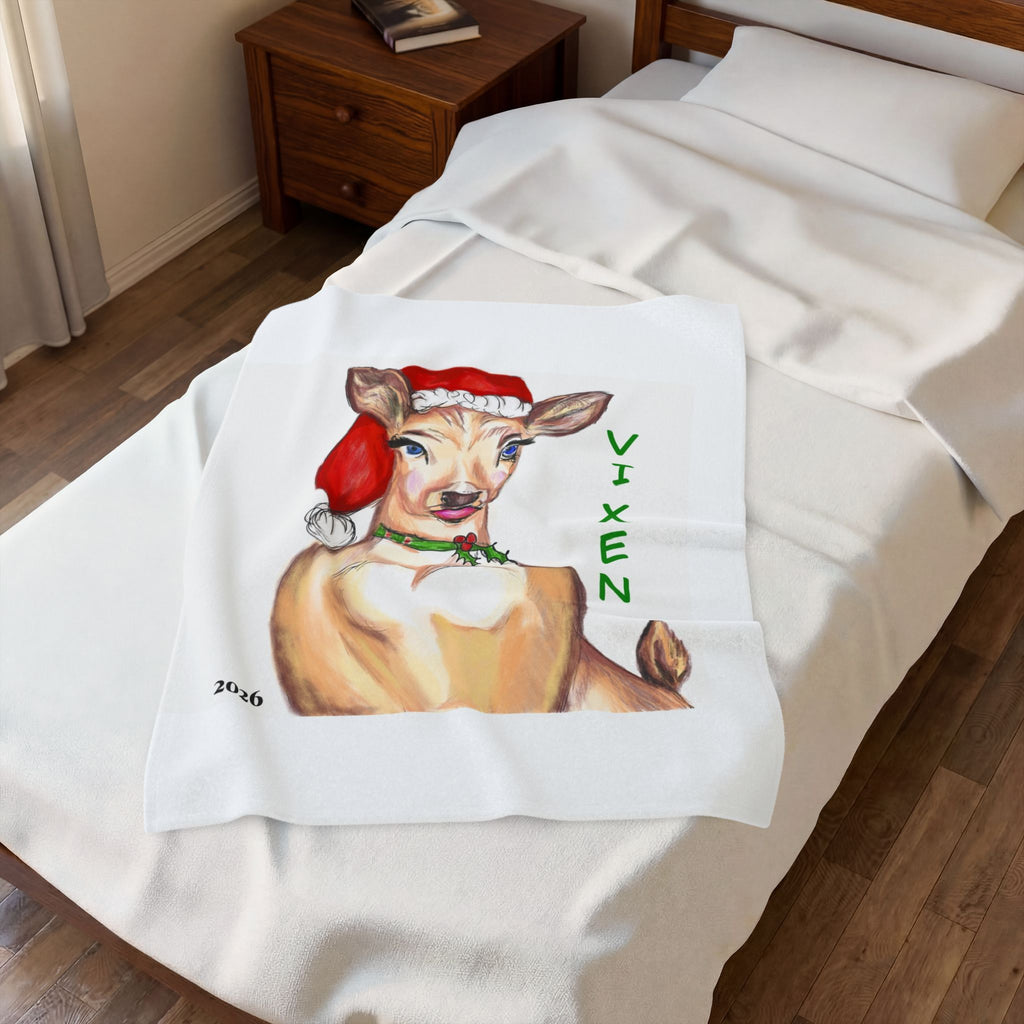 "Vixen" Christmas Reindeer Velveteen Plush Blanket - Designed by GIGI