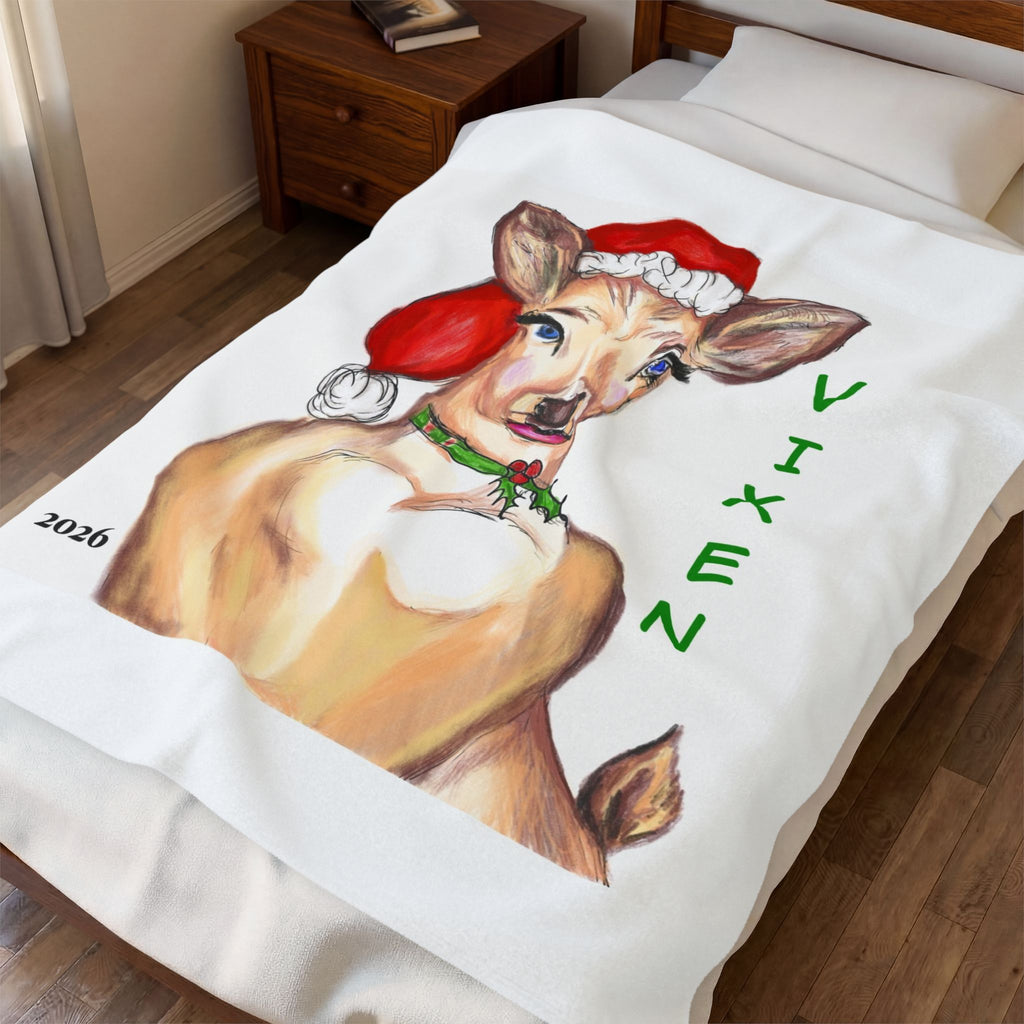 "Vixen" Christmas Reindeer Velveteen Plush Blanket - Designed by GIGI