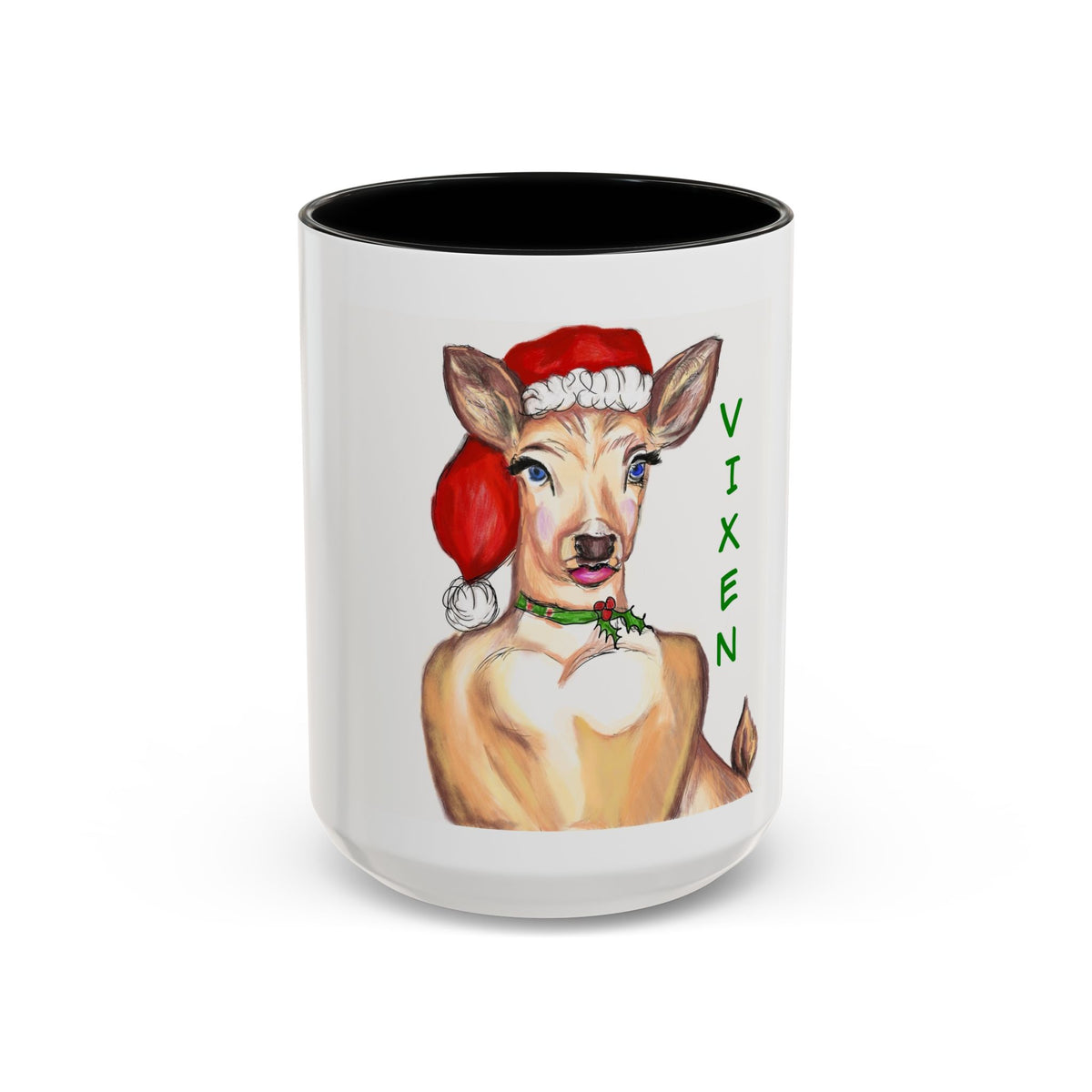 "Vixen" Reindeer Christmas Coffee Mug Designed by GIGI— Festive Santa Hat Accent Mug (11/15oz)