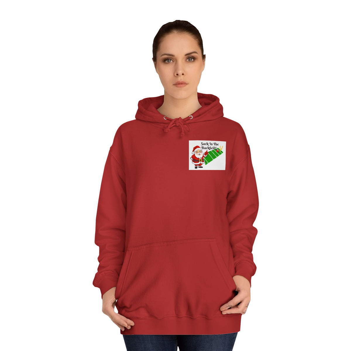 Christmas Football Hoodie — “Sack in the Backfield” Santa Holiday Pullover, designed by GIGI