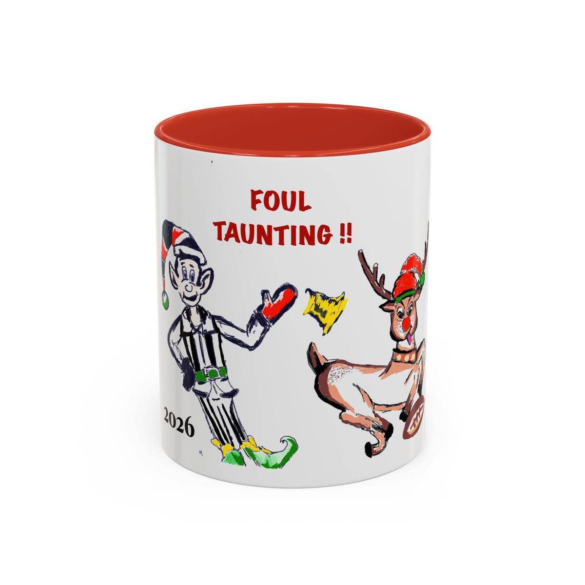 Foul Taunting!! Christmas Elf vs Reindeer Coffee Mug, designed by GIGI, (11/15 oz)