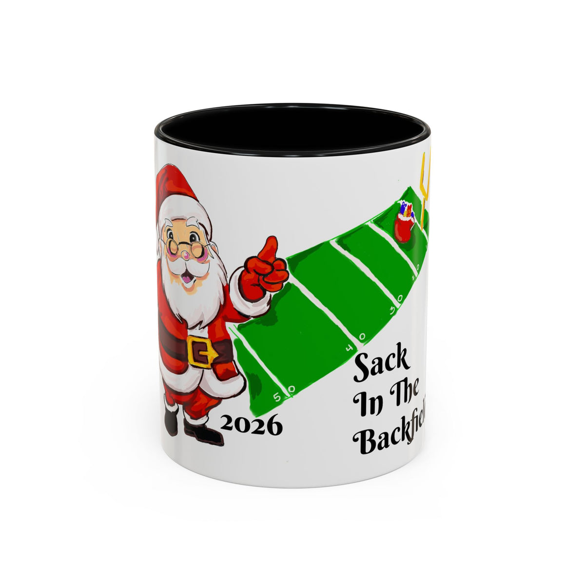 Christmas Football Coffee Mug — “Sack In The Backfield” Santa Accent Mug, designed by GIGI