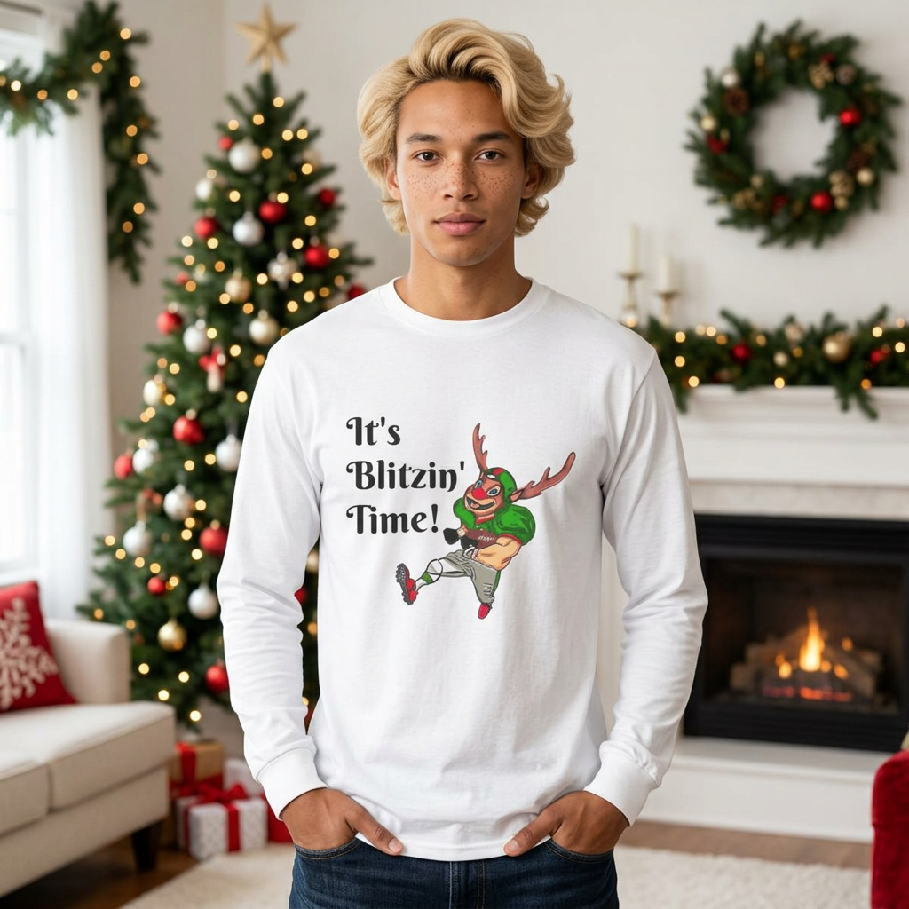 It's Blitzin' Time! Football Reindeer Long Sleeve Tee, designed by GIGI