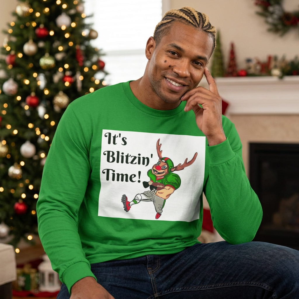 It's Blitzin' Time! Football Reindeer Long Sleeve Tee, designed by GIGI