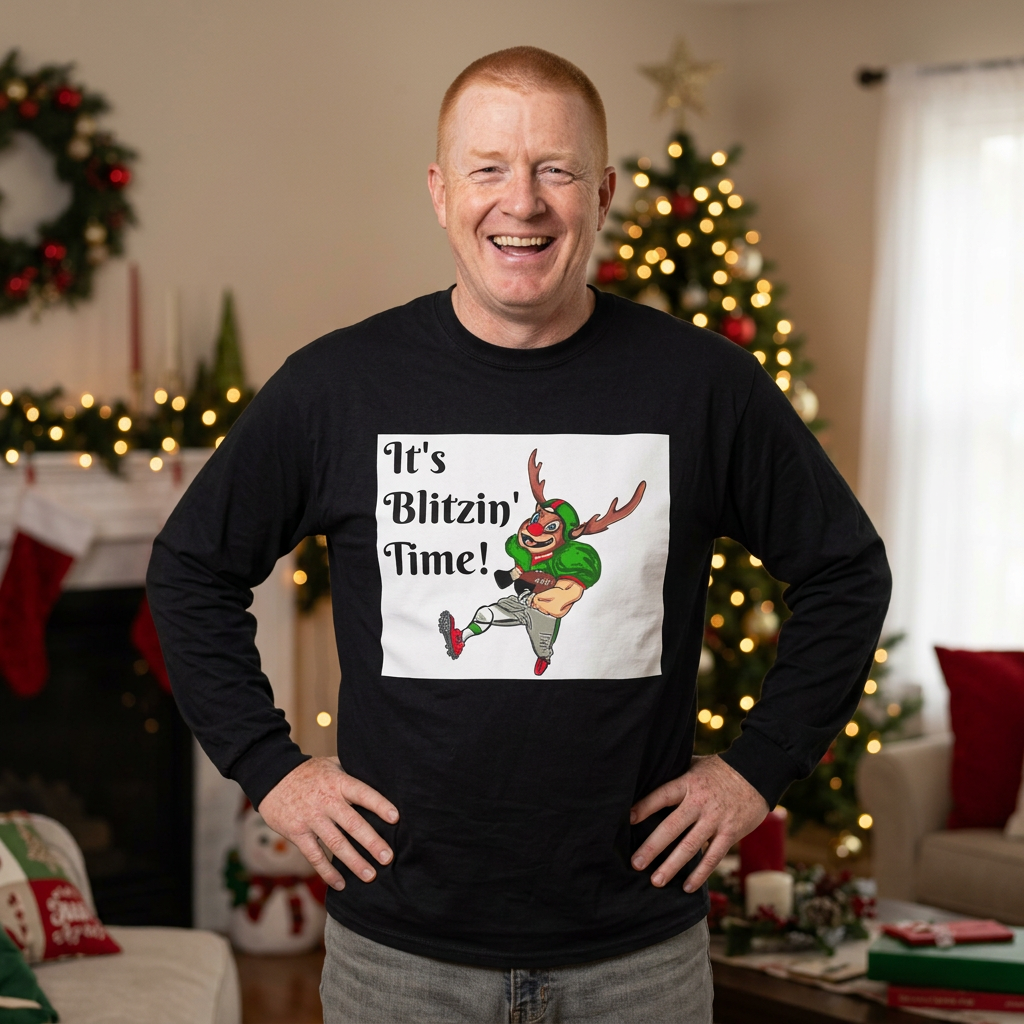 It's Blitzin' Time! Football Reindeer Long Sleeve Tee, designed by GIGI