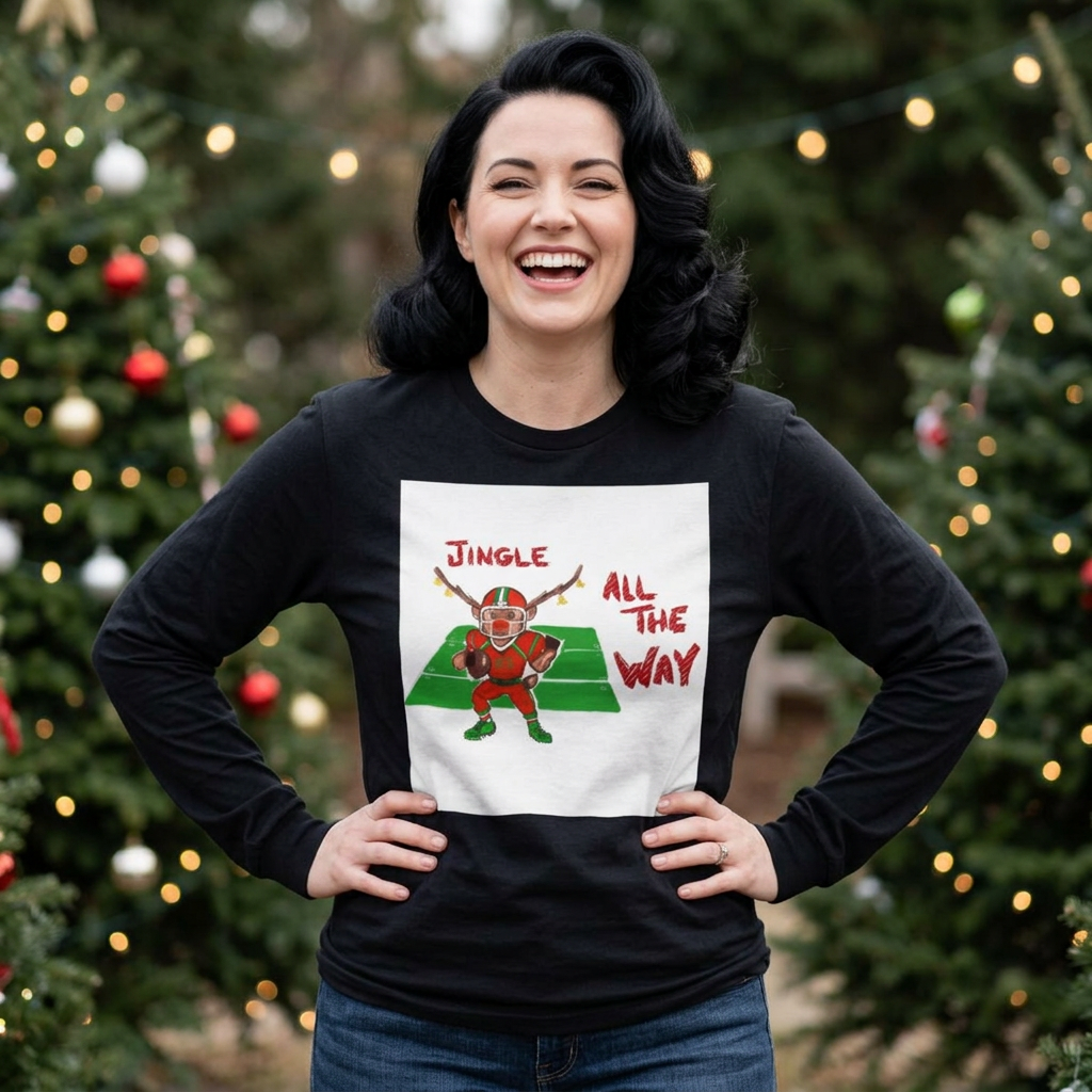 Jingle All The Way Football Long Sleeve T-Shirt — Holiday Gridiron Elf Tee, designed by GIGI