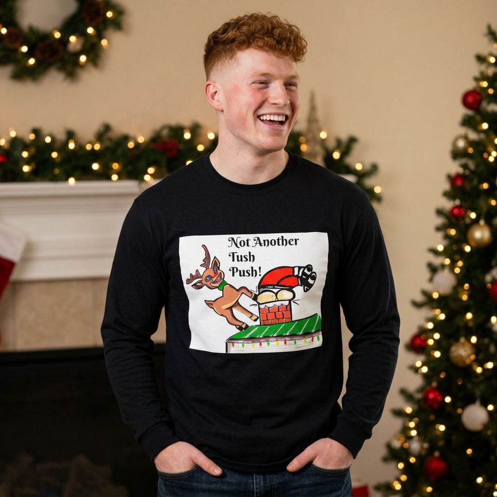 Long Sleeve Tee — "Not Another Tush Push!" Santa & Reindeer Christmas Shirt, designed by GIGI
