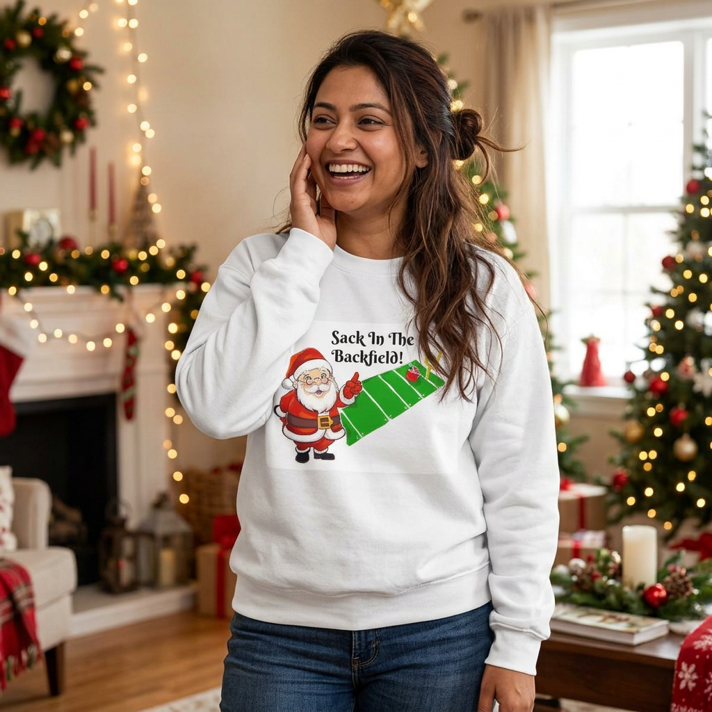 Christmas Santa "Sack in the Backfield" Sweatshirt — Funny Football Holiday Crewneck, designed by GIGI
