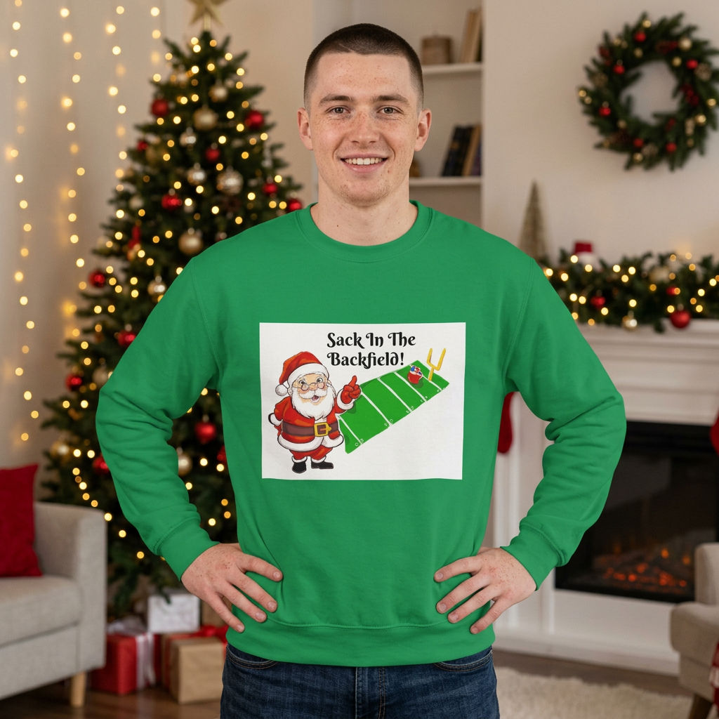 Christmas Santa "Sack in the Backfield" Sweatshirt — Funny Football Holiday Crewneck, designed by GIGI