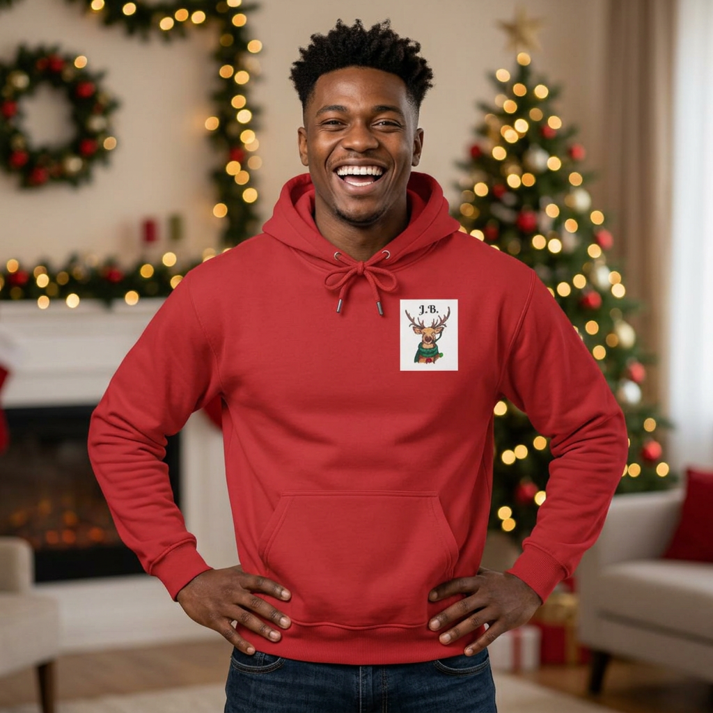 Reindeer Graphic Hoodie — "Joe Buck" Christmas Deer Holiday Sweatshirt, designed by GIGI