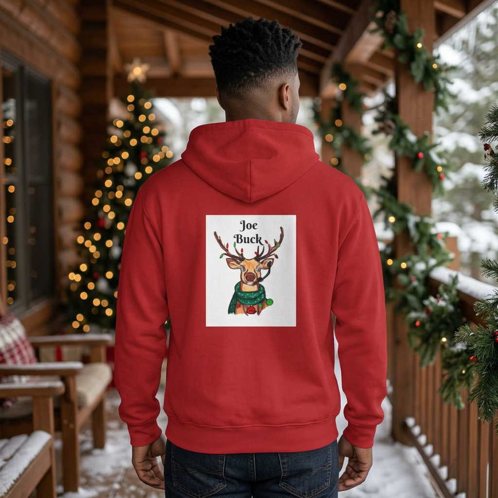 Reindeer Graphic Hoodie — "Joe Buck" Christmas Deer Holiday Sweatshirt, designed by GIGI