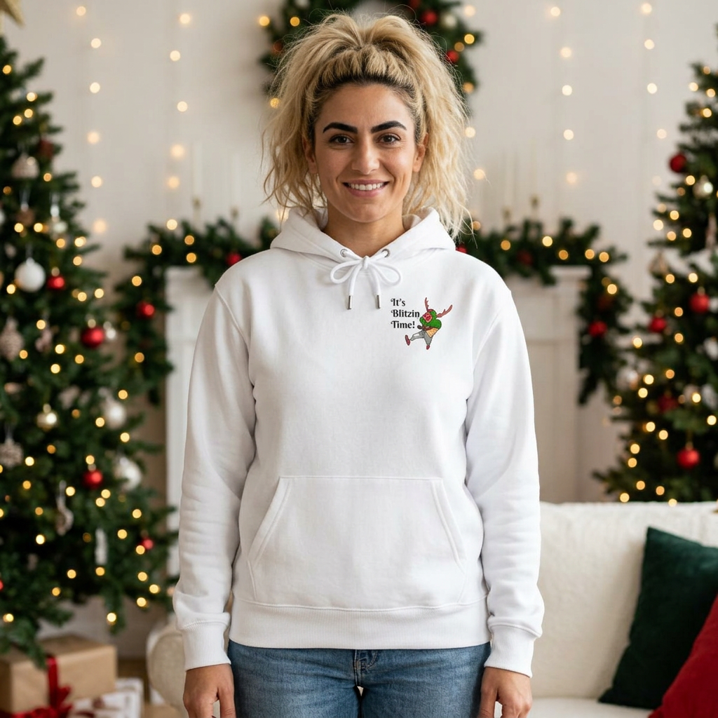 Hoodie - "It's Blitzen Time!" Reindeer Football Holiday Hoodie, designed by GIGI