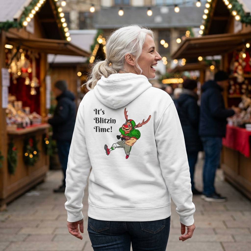 Hoodie - "It's Blitzen Time!" Reindeer Football Holiday Hoodie, designed by GIGI