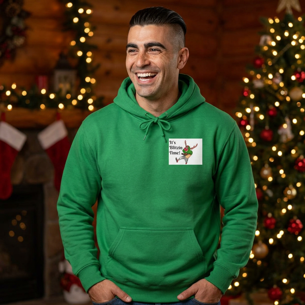 Hoodie - "It's Blitzen Time!" Reindeer Football Holiday Hoodie, designed by GIGI