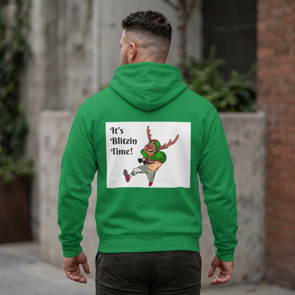 Hoodie - "It's Blitzen Time!" Reindeer Football Holiday Hoodie, designed by GIGI