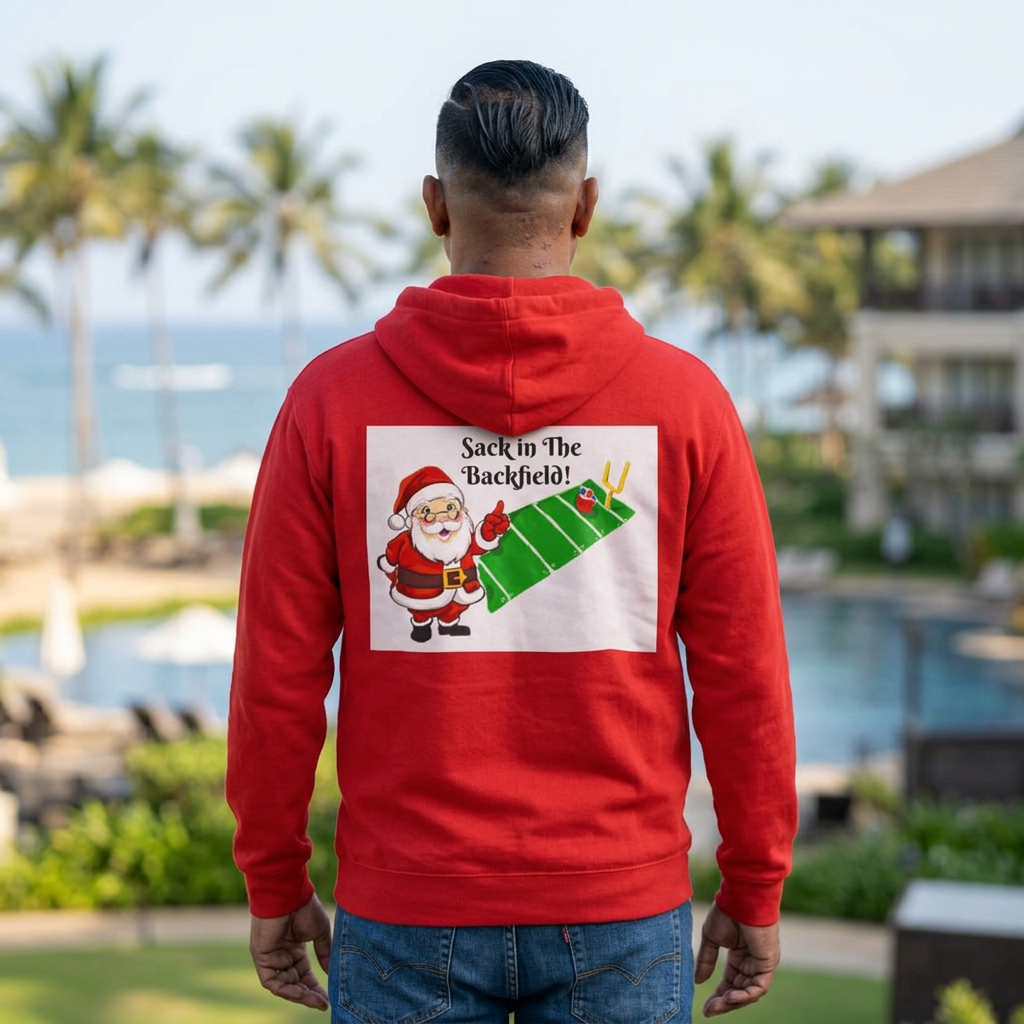 Christmas Football Hoodie — “Sack in the Backfield” Santa Holiday Pullover, designed by GIGI
