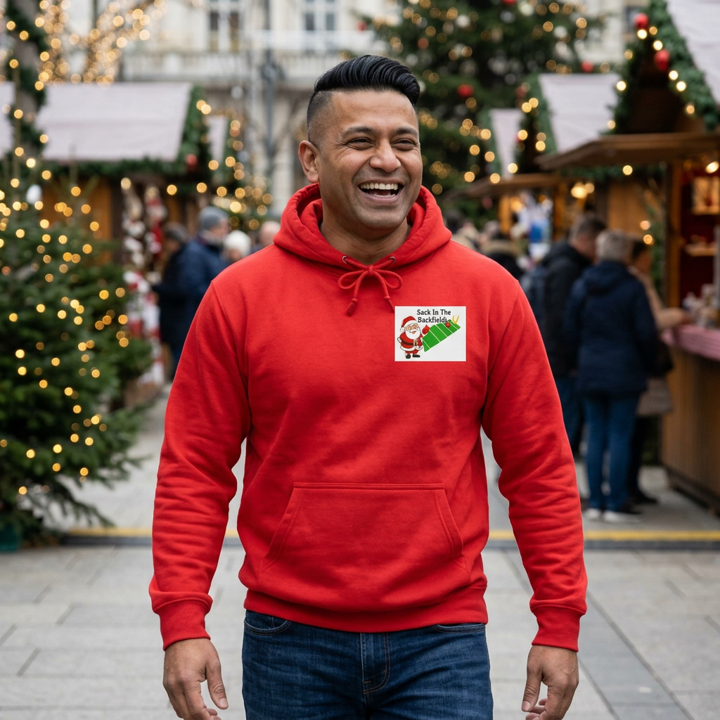 Christmas Football Hoodie — “Sack in the Backfield” Santa Holiday Pullover, designed by GIGI