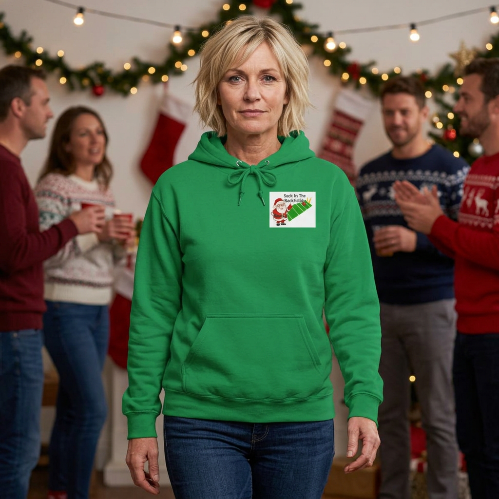 Christmas Football Hoodie — “Sack in the Backfield” Santa Holiday Pullover, designed by GIGI
