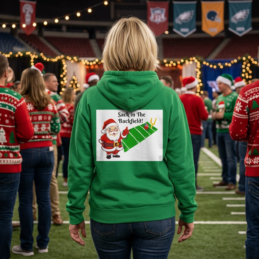 Christmas Football Hoodie — “Sack in the Backfield” Santa Holiday Pullover, designed by GIGI
