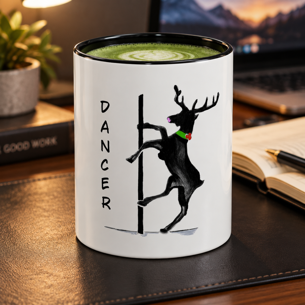 Reindeer Pole "Dancer" Coffee Mug, Designed by GIGI — Holiday Funny Dancer Accent Mug (11/15oz)