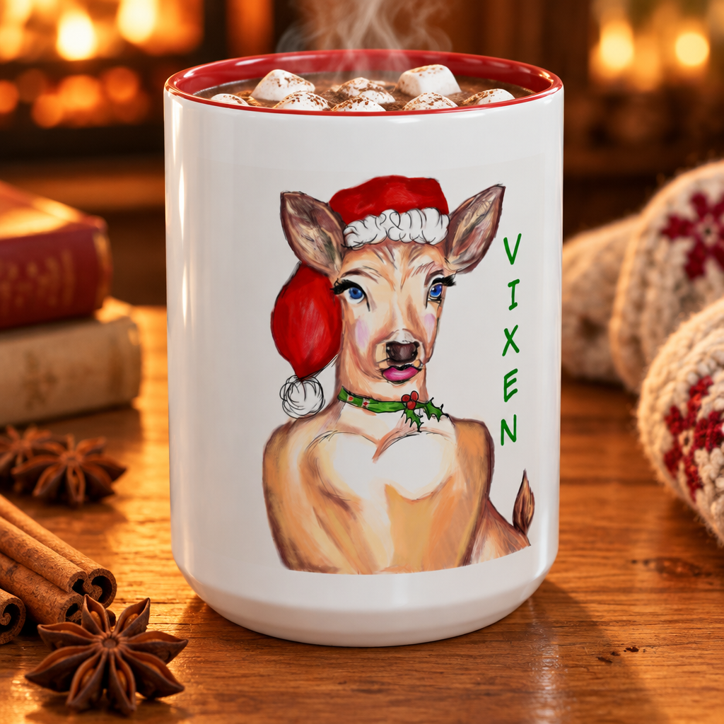 "Vixen" Reindeer Christmas Coffee Mug Designed by GIGI— Festive Santa Hat Accent Mug (11/15oz)