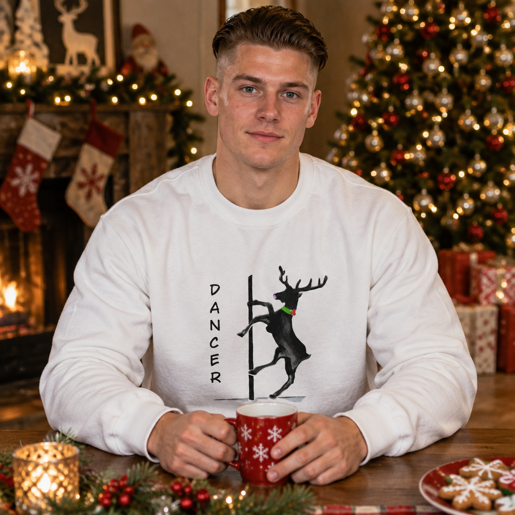 Dancer Reindeer Sweatshirt — Cute Holiday Pole "Dancer" Christmas, Designed by GIGI