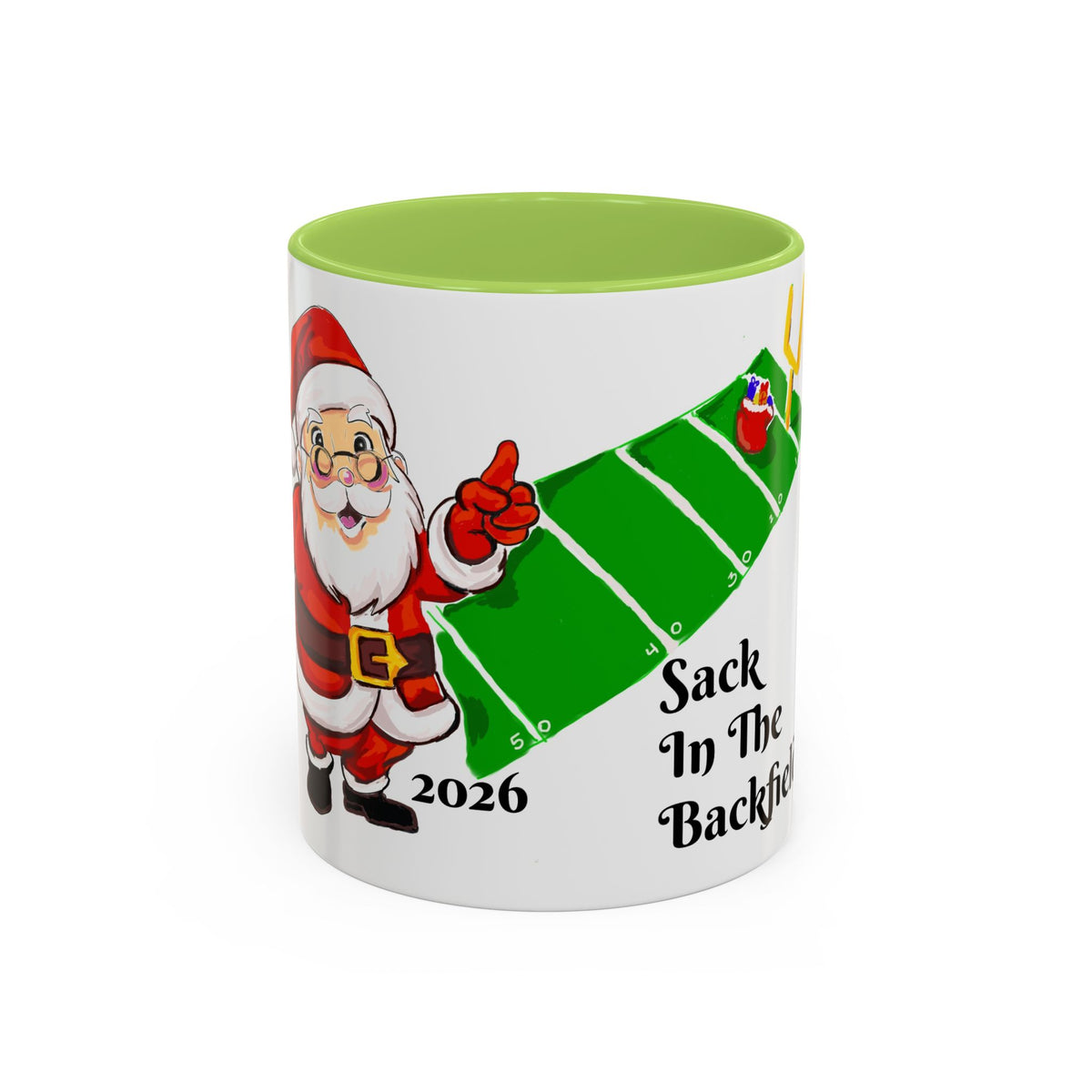 Christmas Football Coffee Mug — “Sack In The Backfield” Santa Accent Mug, designed by GIGI