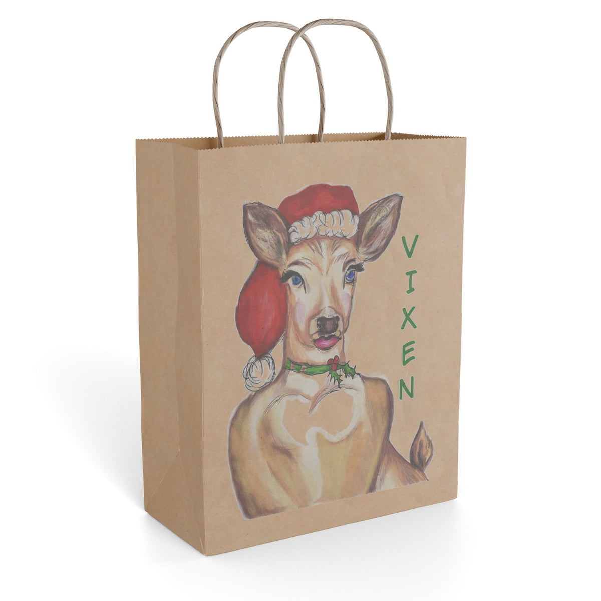 "Vixen" Reindeer Santa Hat Paper Gift Bag Designed by GIGI — Festive Holiday Gift Sack
