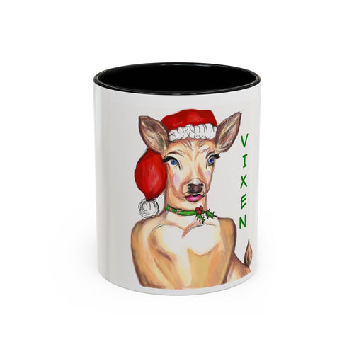 "Vixen" Reindeer Christmas Coffee Mug Designed by GIGI— Festive Santa Hat Accent Mug (11/15oz)